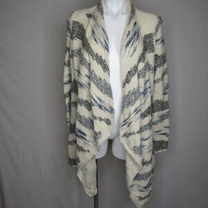 Lucky Brand White Blue Stripe Boho Open Draping Cardigan Sweater Women's L Large